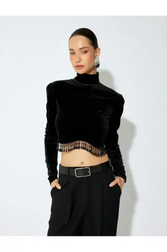 Long Sleeve Turtleneck Beaded Detail Flowy Crop Top - 3