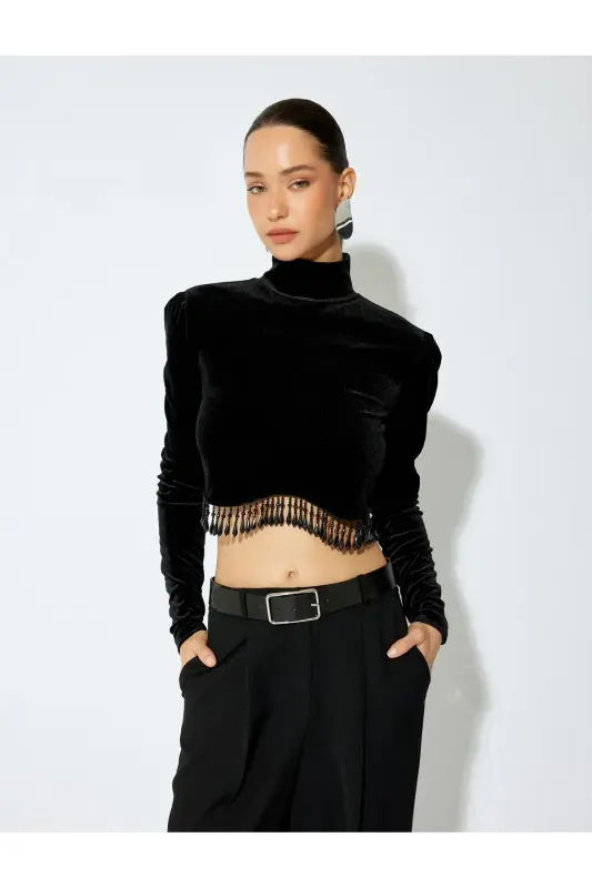 Long Sleeve Turtleneck Beaded Detail Flowy Crop Top - 3