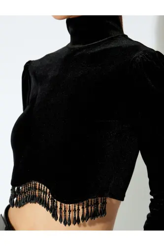 Long Sleeve Turtleneck Beaded Detail Flowy Crop Top - 5