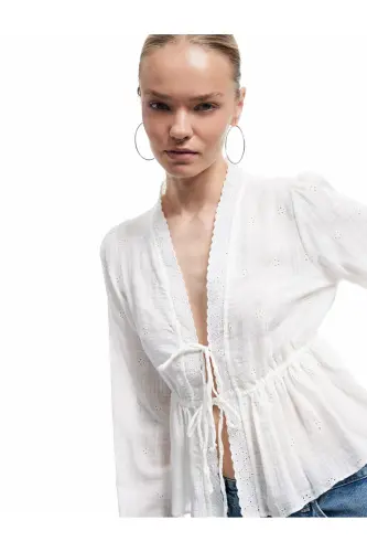 Long Sleeve V Neck Viscose Blend Lace-up Guipure - 1