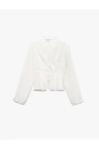 Long Sleeve V Neck Viscose Blend Lace-up Guipure - 3