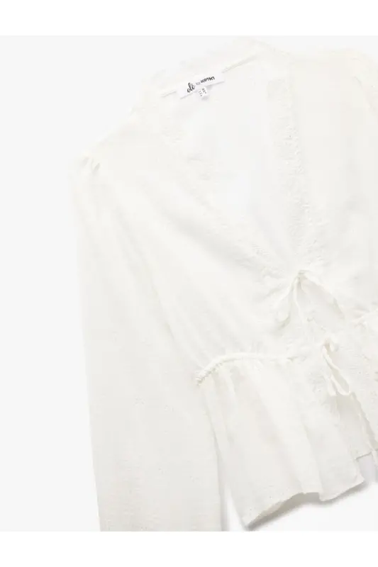 Long Sleeve V Neck Viscose Blend Lace-up Guipure - 5