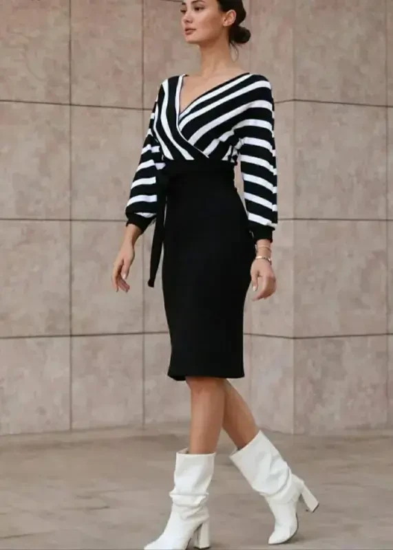 Long Sleeve Wrap V-Neckline Striped Patterned Short Knitted Dress - BÜYÜKBEDENIZ