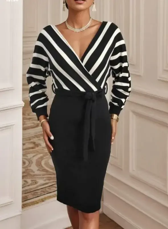 Long Sleeve Wrap V-Neckline Striped Patterned Short Knitted Dress - 3