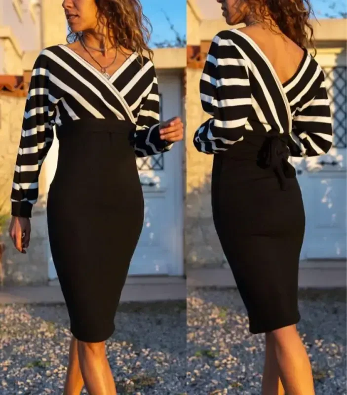 Long Sleeve Wrap V-Neckline Striped Patterned Short Knitted Dress - 7