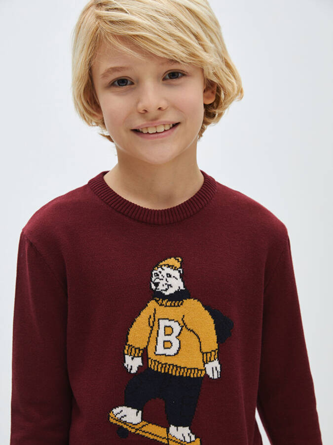 Long-sleeved Boys' Knit Sweater with Bike Pattern Crew Neck - 14