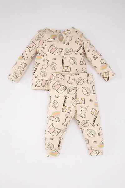 Long-Sleeved Pajama Set with Girl Baby Pattern Light Beige - 6