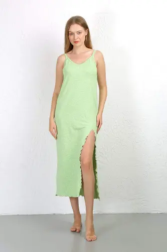 Long Strappy Split Slit Cotton Nightgown 90125 Pistachio Green - 5