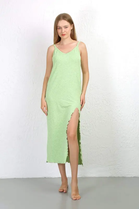 Long Strappy Split Slit Cotton Nightgown 90125 Pistachio Green - 5