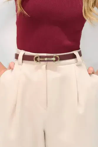 Long Thin Women's Belt with Gold Buckle, Jacket Belt, Shirt Belt, Dress Belt - Burgundy - 4
