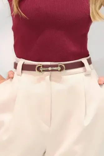 Long Thin Women's Belt with Gold Buckle, Jacket Belt, Shirt Belt, Dress Belt - Burgundy - 5
