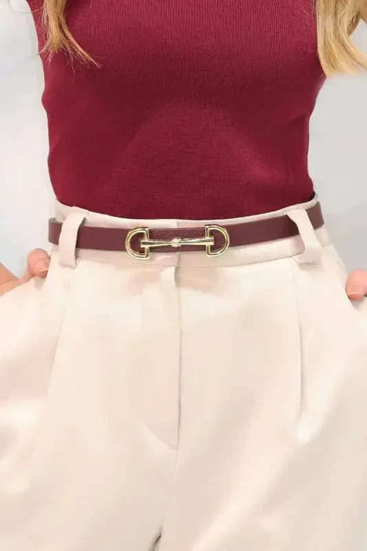 Long Thin Women's Belt with Gold Buckle, Jacket Belt, Shirt Belt, Dress Belt - Burgundy - 5