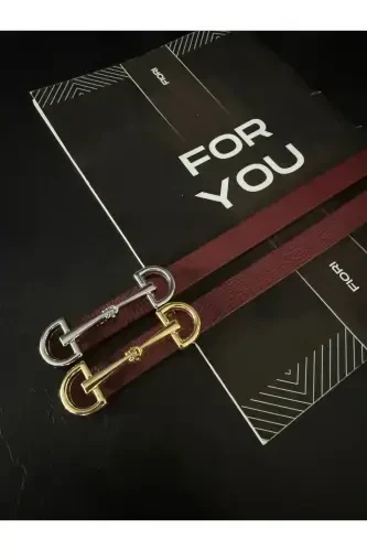 Long Thin Women's Belt with Gold Buckle, Jacket Belt, Shirt Belt, Dress Belt-Burgundy - FIORI (1)