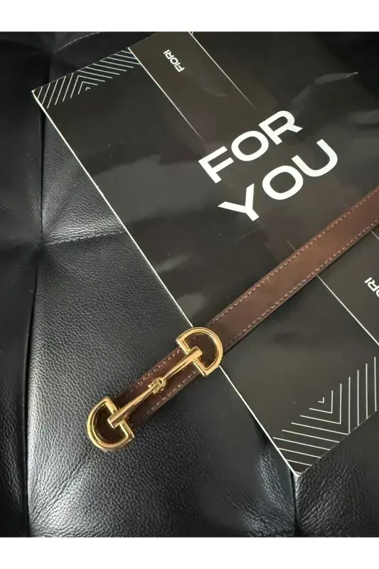 Long Thin Women's Belt with Gold Buckle, Jacket Belt, Shirt Belt, Dress Belt-Coffee - 4