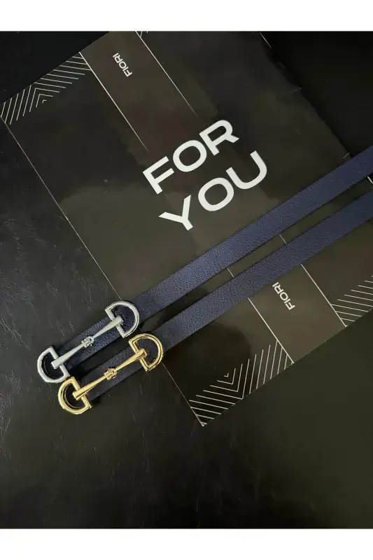 Long Thin Women's Belt with Gold Buckle, Jacket Belt, Shirt Belt, Dress Belt-Navy Blue - 3