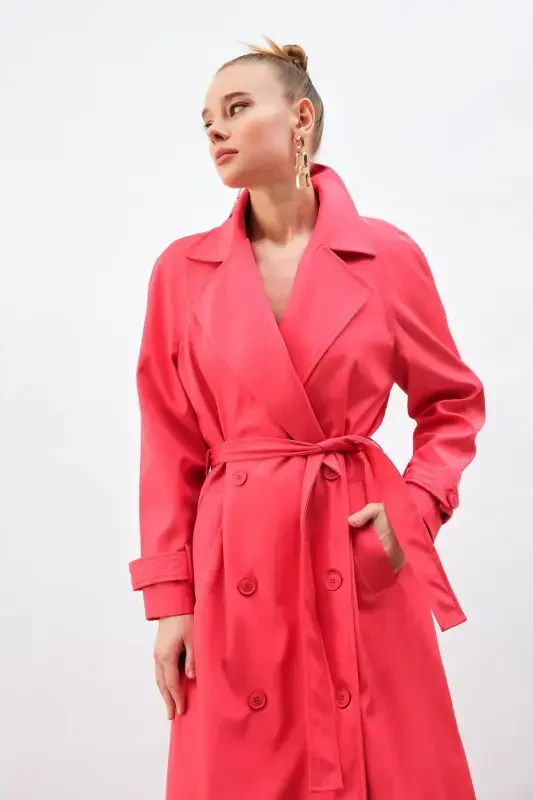 Long Trench Coat with Belt - Fuchsia - 4