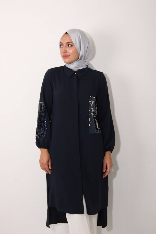 Long Tunic with Pockets and Sequined Sleeves - 3