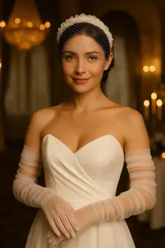 Long White Tulle Wedding Gloves - 1