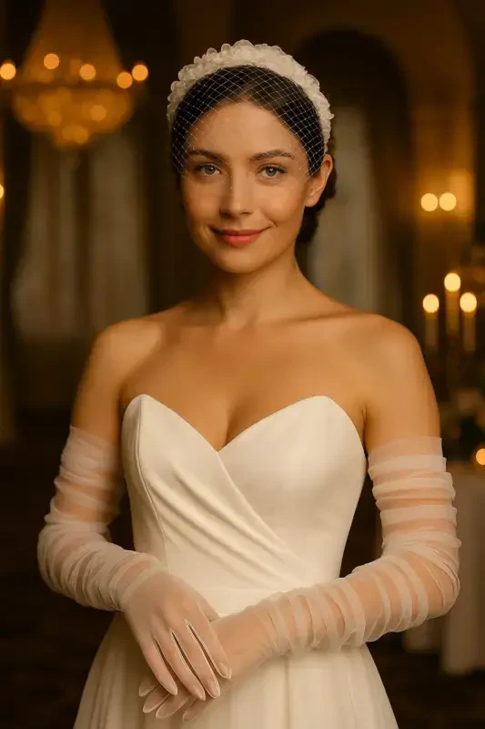 Long White Tulle Wedding Gloves - 1