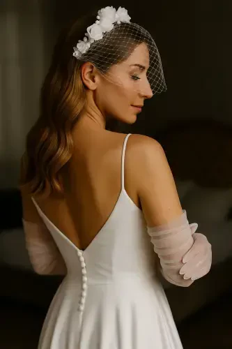 Long White Tulle Wedding Gloves - 4