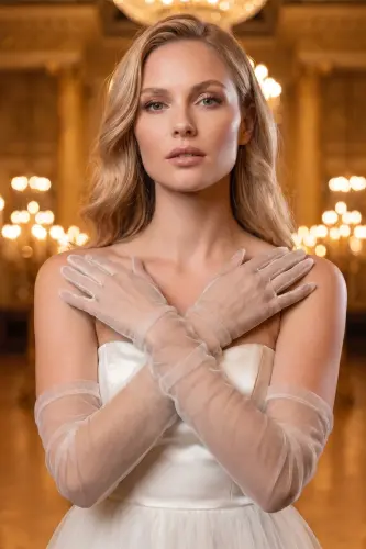 Long White Tulle Wedding Gloves - 1
