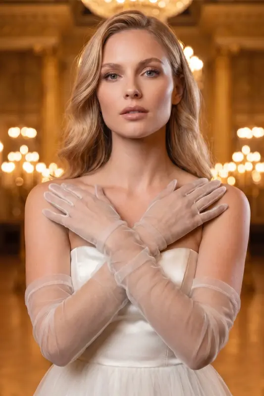 Long White Tulle Wedding Gloves - 1