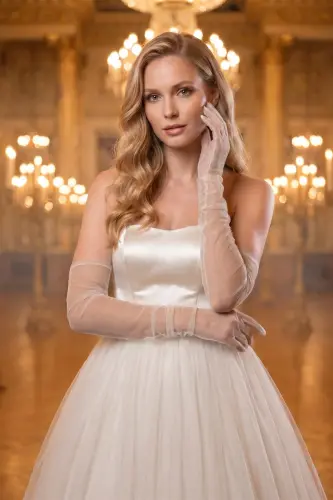 Long White Tulle Wedding Gloves - 3