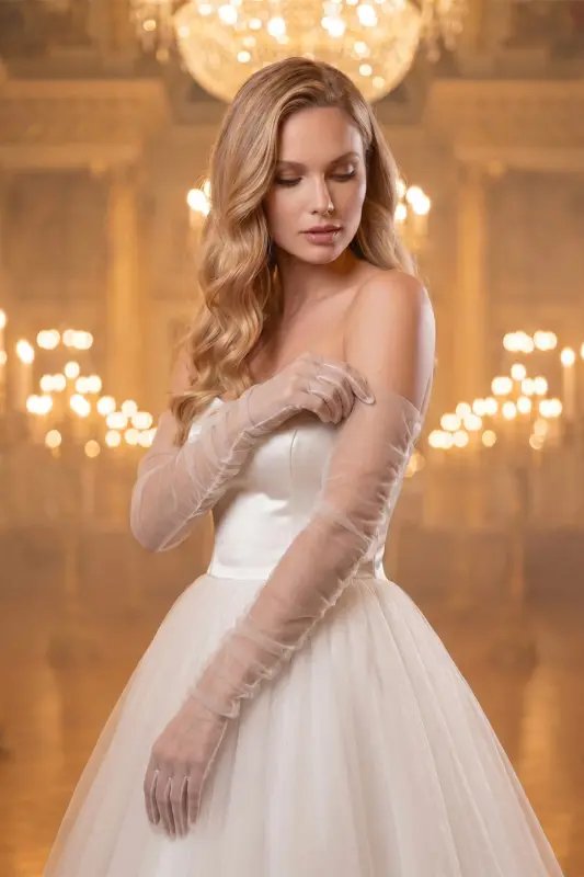 Long White Tulle Wedding Gloves - 4
