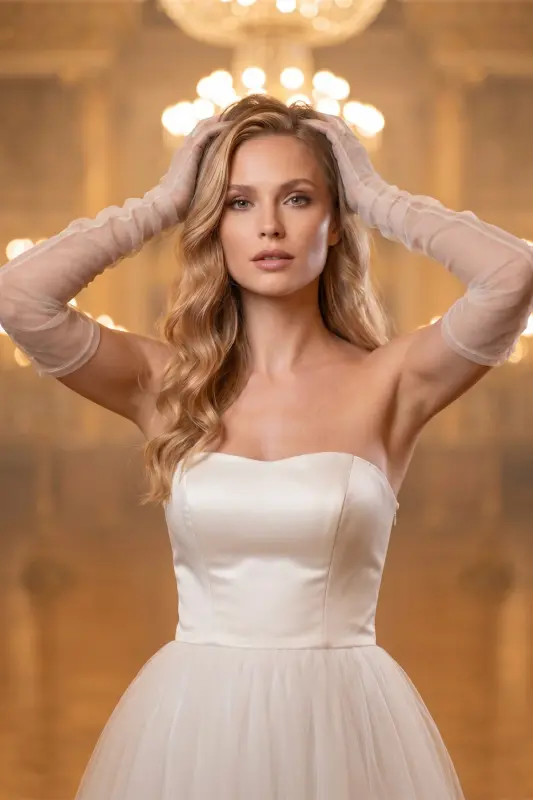 Long White Tulle Wedding Gloves - 5