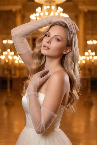 Long White Tulle Wedding Gloves - 6