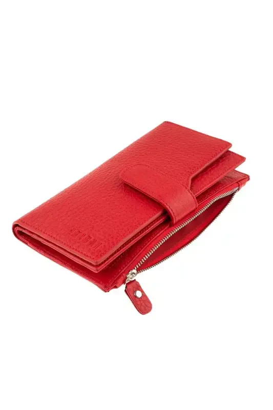 Long women's wallet, genuine leather, zippered, ID section, card slots. - 2
