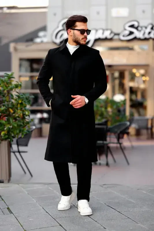 Long, wool blend, slim fit, black cashmere coat - 1
