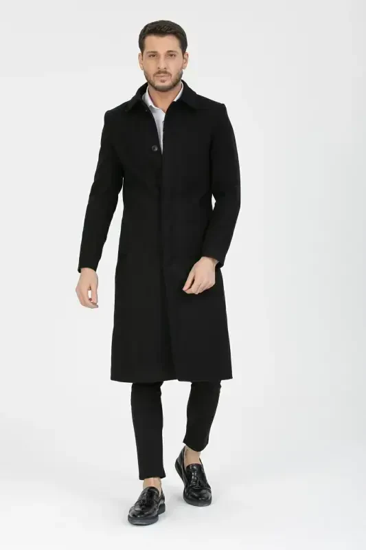Long, wool blend, slim fit, black cashmere coat - 2