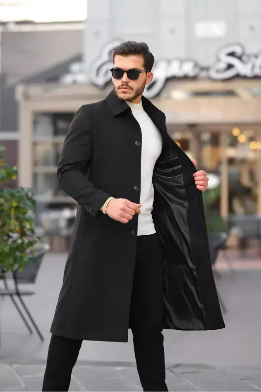 Long, wool blend, slim fit, black cashmere coat - 3