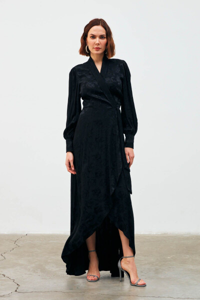 Long Wrap Dress with Pattern - Black - 2