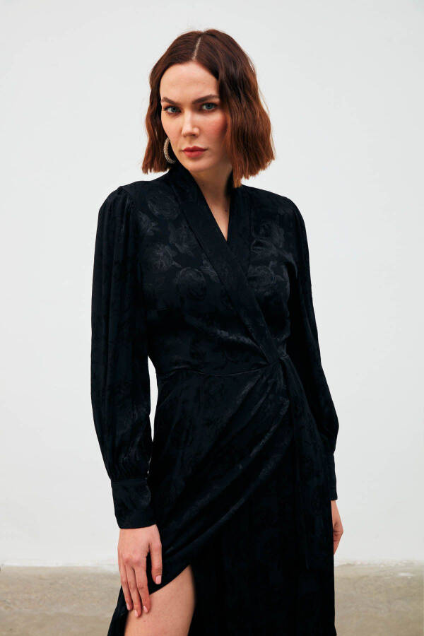 Long Wrap Dress with Pattern - Black - 6