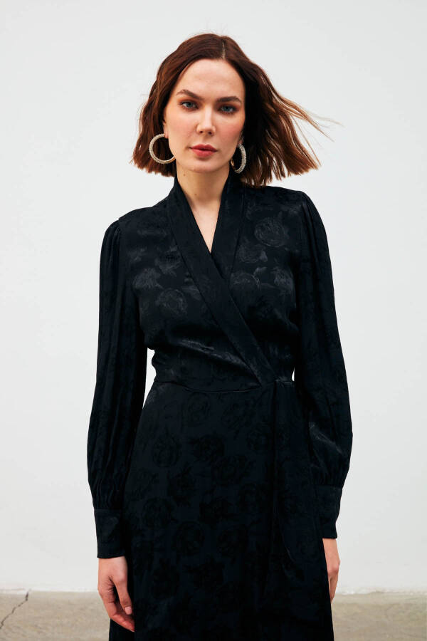 Long Wrap Dress with Pattern - Black - 13