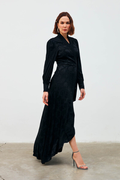 Long Wrap Dress with Pattern - Black - 15