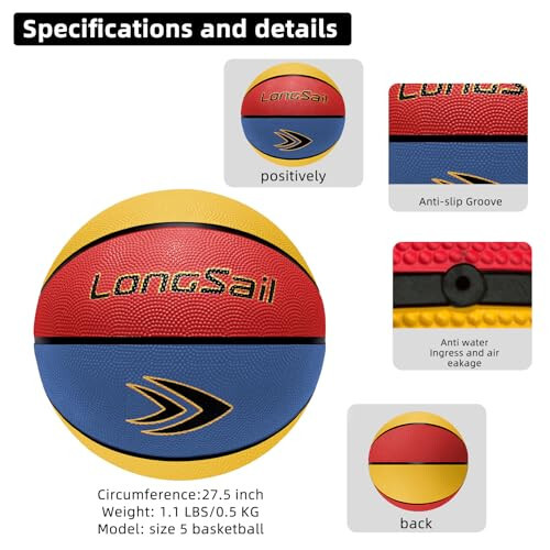 Longsail Full Size Basketball Rubber- Leather,Indoor-Outdoor-Pool,with Pump(Deflated) - 14