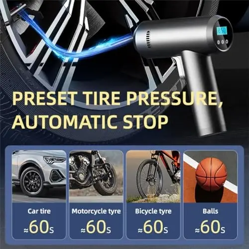LONLEEYU Cordless Tire Inflator Portable Air Compressor, 150 PSI Handheld Rechargeable Electric Tire Air Pump with Smart Digital Pressure Gauge, LED Light, Auto-Shutoff for Cars Motorcycle Bike Ball - 3