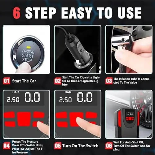 LONLEEYU Tire Inflator, 120W Portable Air Compressor Pump for Car Tires with Tire Pressure Detection Preset and Auto Shutoff, 12V Up to 150PSI Tire Pump with Digital Pressure Gauge and LED Light - 5