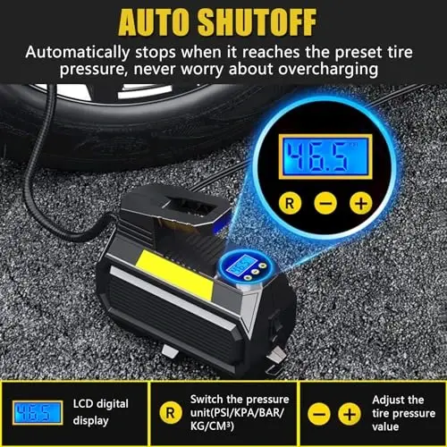LONLEEYU Tire Inflator, Portable Air Compressor Pump for Car Tires, 12V DC Auto Tire Pump with Digital Pressure Gauge, Up to 150PSI with Emergency LED Light for Bicycle, Balloons - 2