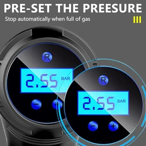 LONLEEYU Tire Inflator,120W Portable Air Compressor Pump for Car Tires with Tire Pressure Detection Preset and Auto Shutoff, 12V Up to 150 PSI Tire Pump with Digital Pressure Gauge and LED Light - 3