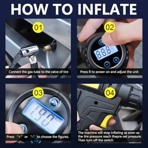 LONLEEYU Tire Inflator,120W Portable Air Compressor Pump for Car Tires with Tire Pressure Detection Preset and Auto Shutoff, 12V Up to 150 PSI Tire Pump with Digital Pressure Gauge and LED Light - 6