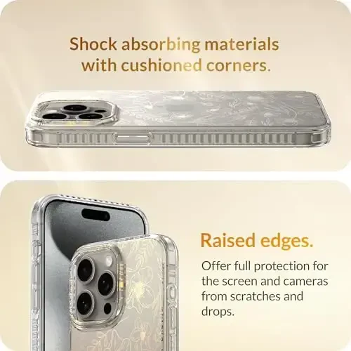 LONLI Hue Case для iPhone 15 Pro - [360° Shock-Absorbent Bumper] - [Cute and Unique Phone Cover for Girls and Women] - Gold Floral - 4