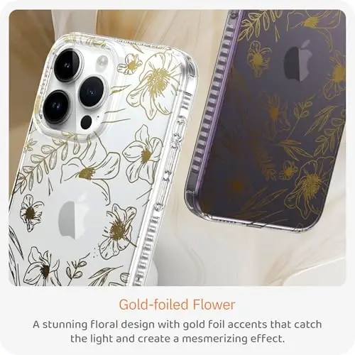 LONLI Hue Case for iPhone 14 Pro Max - [360° Shock-Absorbent Bumper] - [Cute and Unique Phone Cover for Girls and Women] - Gold Floral - 2