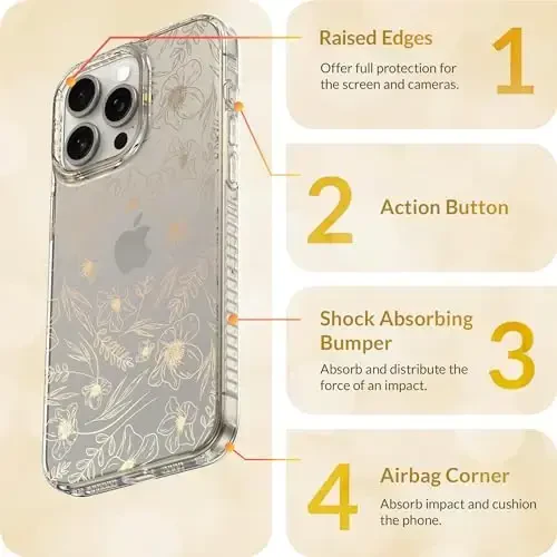 LONLI Hue Case for iPhone 15 Pro - [360° Shock-Absorbent Bumper] - [Cute and Unique Phone Cover for Girls and Women] - Gold Floral - 5