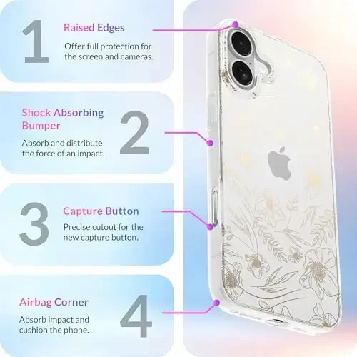 LONLI Hue Case for iPhone 16 Plus - [360° Shock-Absorbent Bumper] - [Cute and Unique Phone Cover for Girls and Women] - Gold Floral - 6