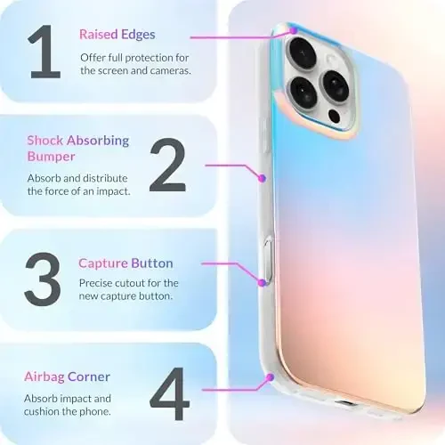 LONLI Hue Case for iPhone 16 Pro - [360° Shock-Absorbent Bumper] - [Cute and Unique Phone Cover for Girls and Women] - Fluorescent Holographic Iridescent - 6