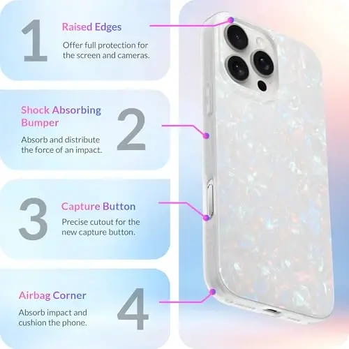 LONLI Hue Case for iPhone 16 Pro Max - [360° Shock-Absorbent Bumper] - [Cute and Unique Phone Cover for Girls and Women] - White Pearl Tort - 6